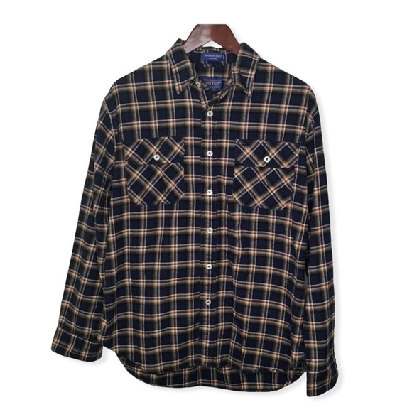 Pendleton Burnside Blue and Gold Flannel Button Down Long Sleeve Short. - Picture 1 of 6
